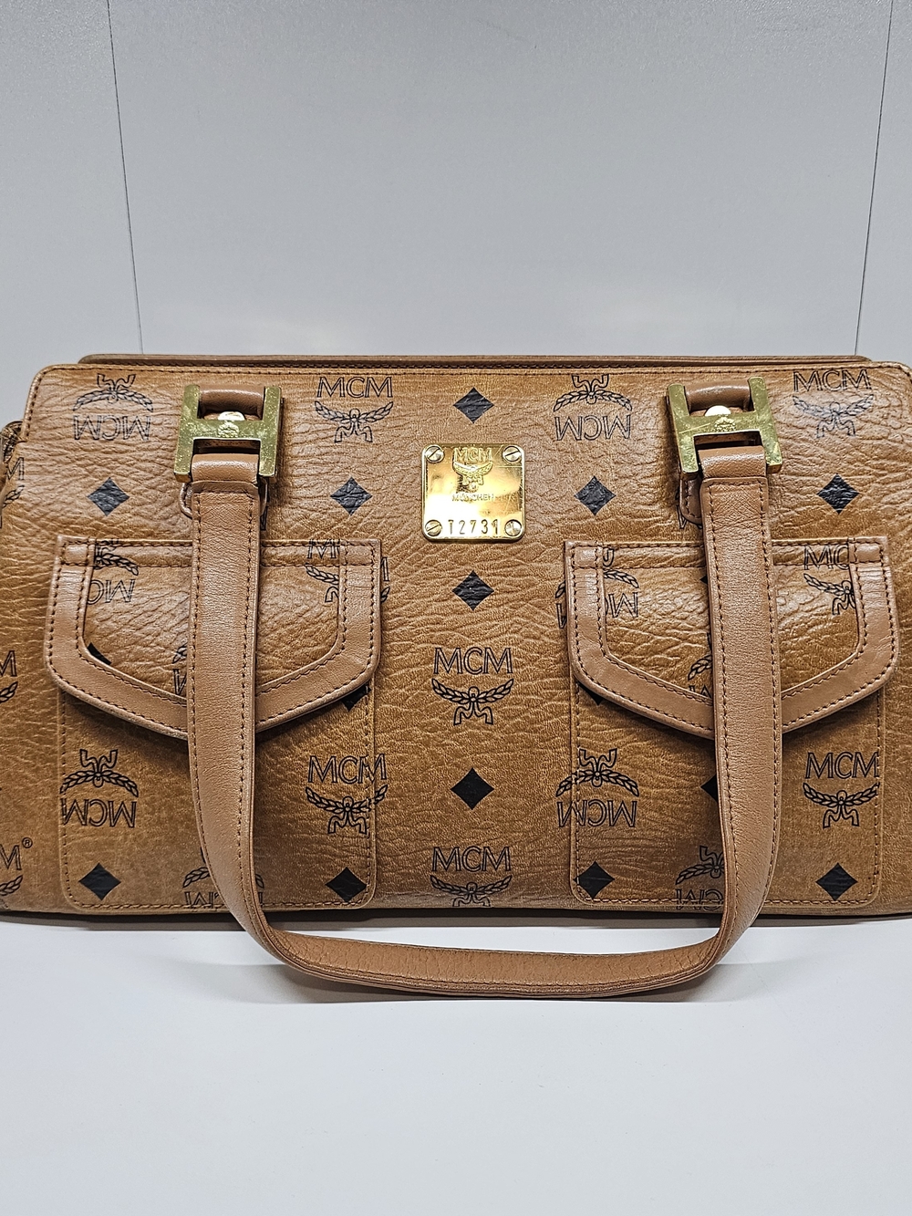 MCM Cognac Visetos Logo Satchel Bag